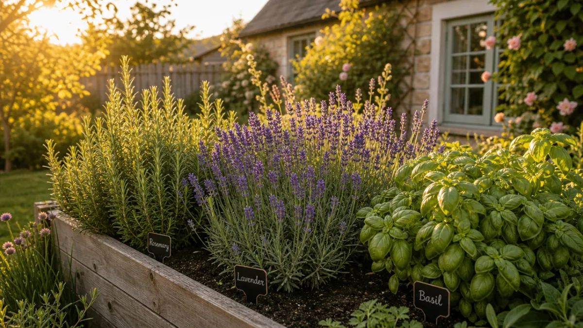 a lush raised bed herb garden in a cottage backyard, golden hour…