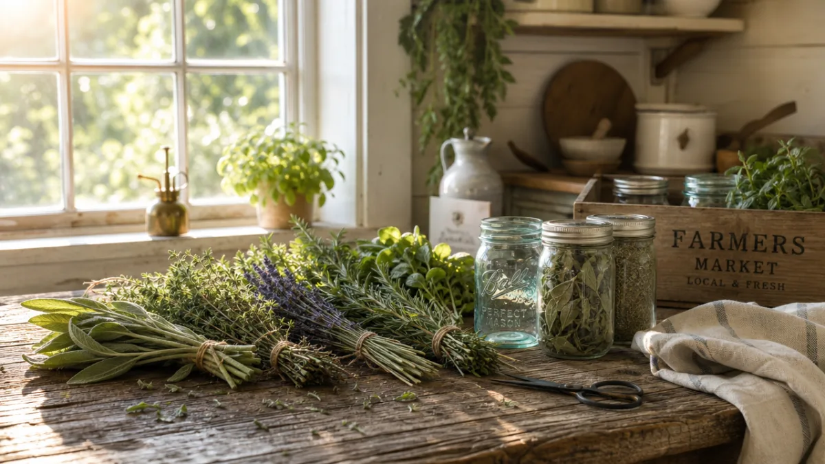 a rustic wooden kitchen table with freshly harvested herb bundles, mason jars,…