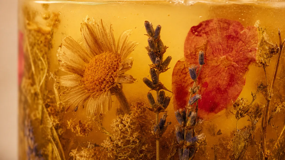 a close-up of dried botanicals embedded in golden translucent candle wax, soft…