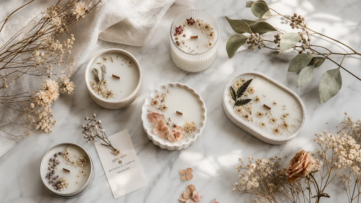 an elegant flat lay of botanical candles on a marble surface with…