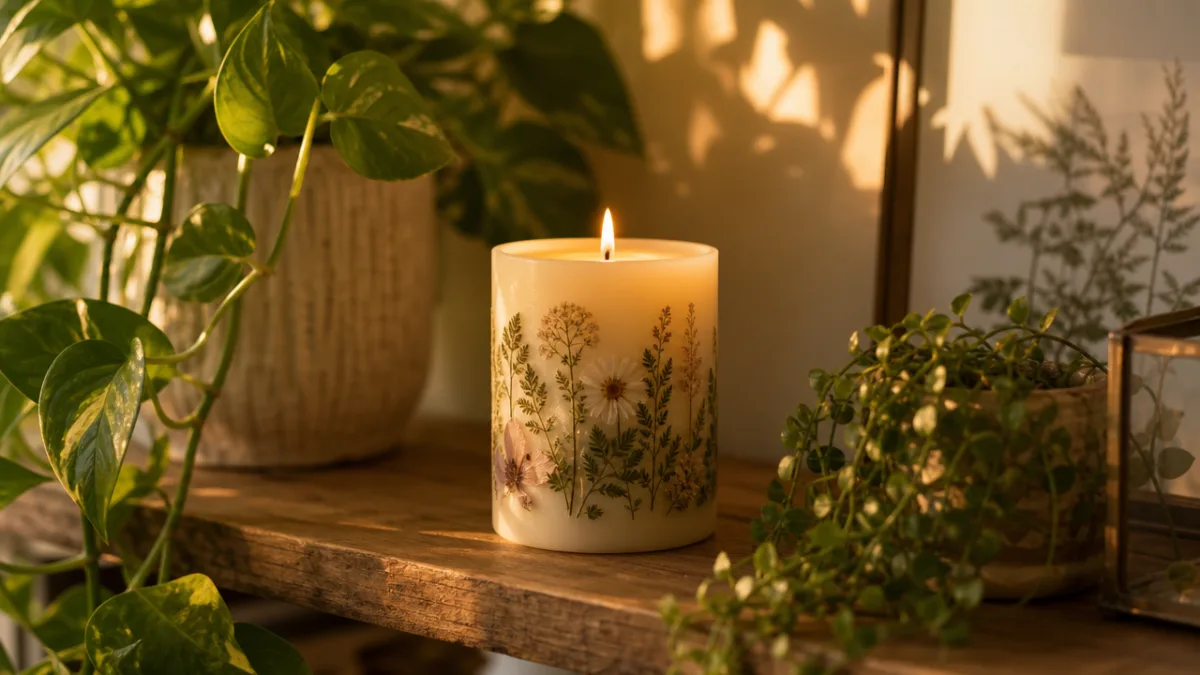 a single botanical candle burning gently on a wooden shelf surrounded by…