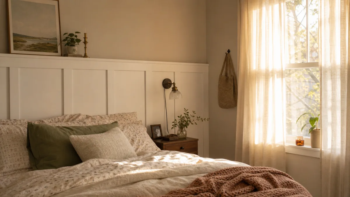 a cozy rental bedroom with freshly installed white board and batten wainscoting,…
