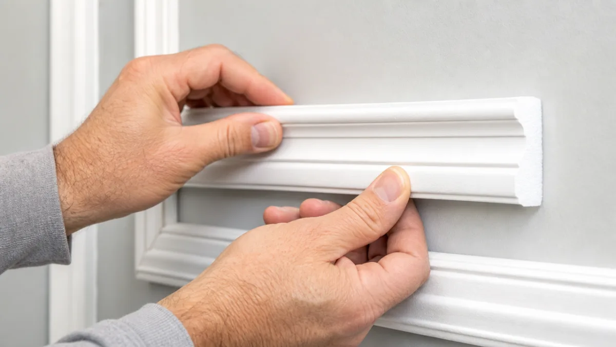 close-up of hands carefully pressing white foam molding strips onto a pale…