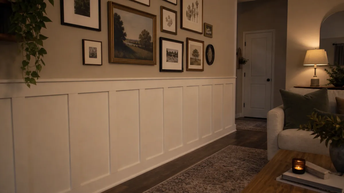a styled rental living room hallway with completed white board and batten…