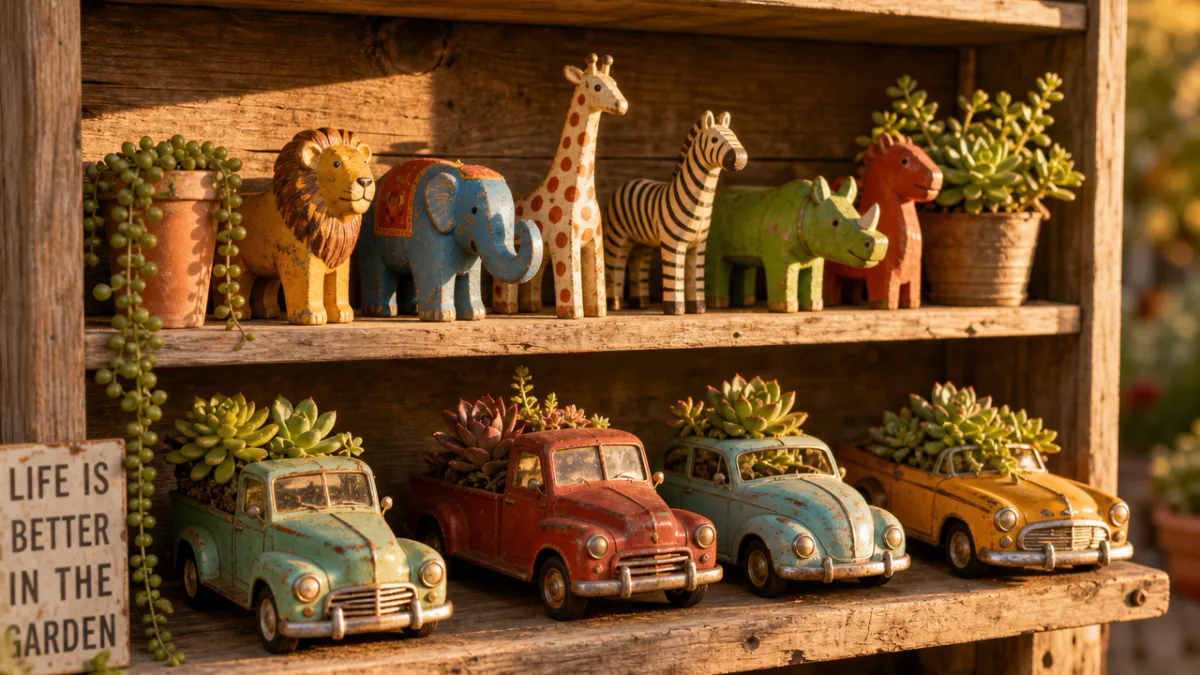 a rustic wooden shelf displaying colorful painted toy animals and vintage toy…