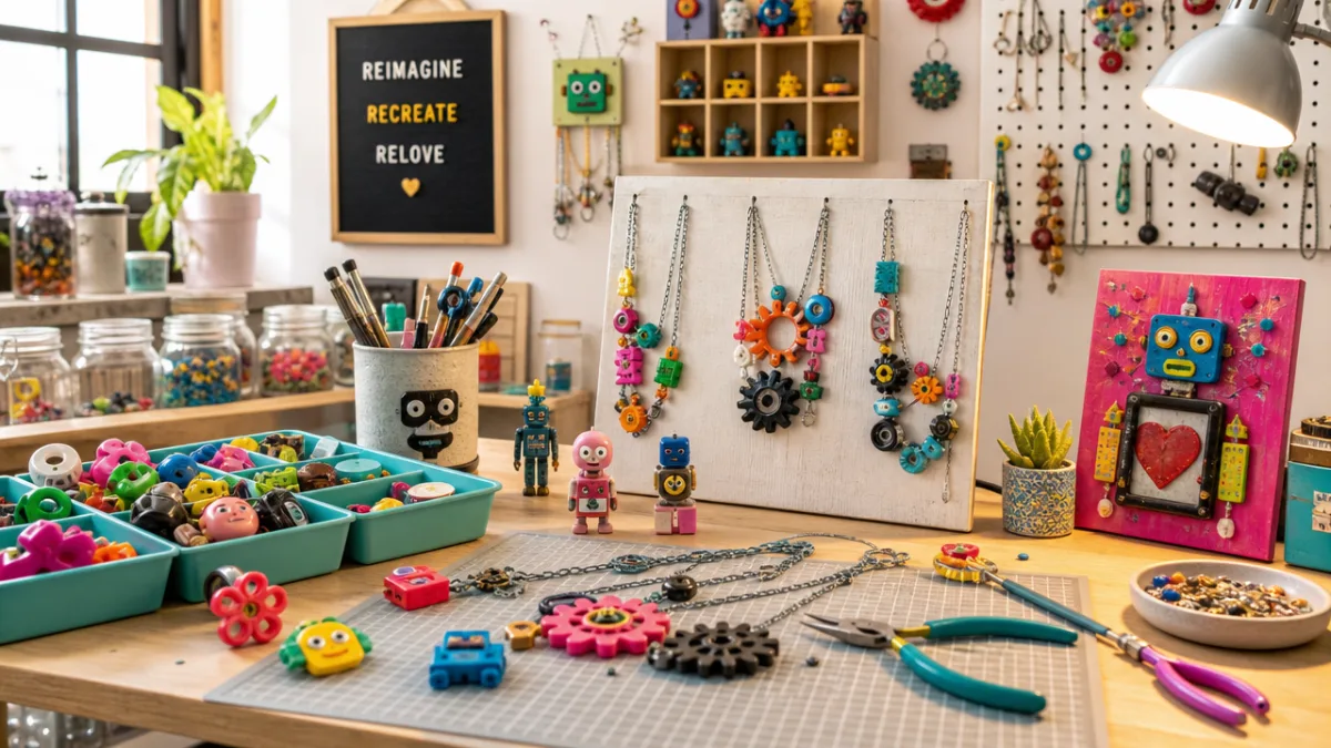 a bright craft studio workspace with colorful toy parts being transformed into…