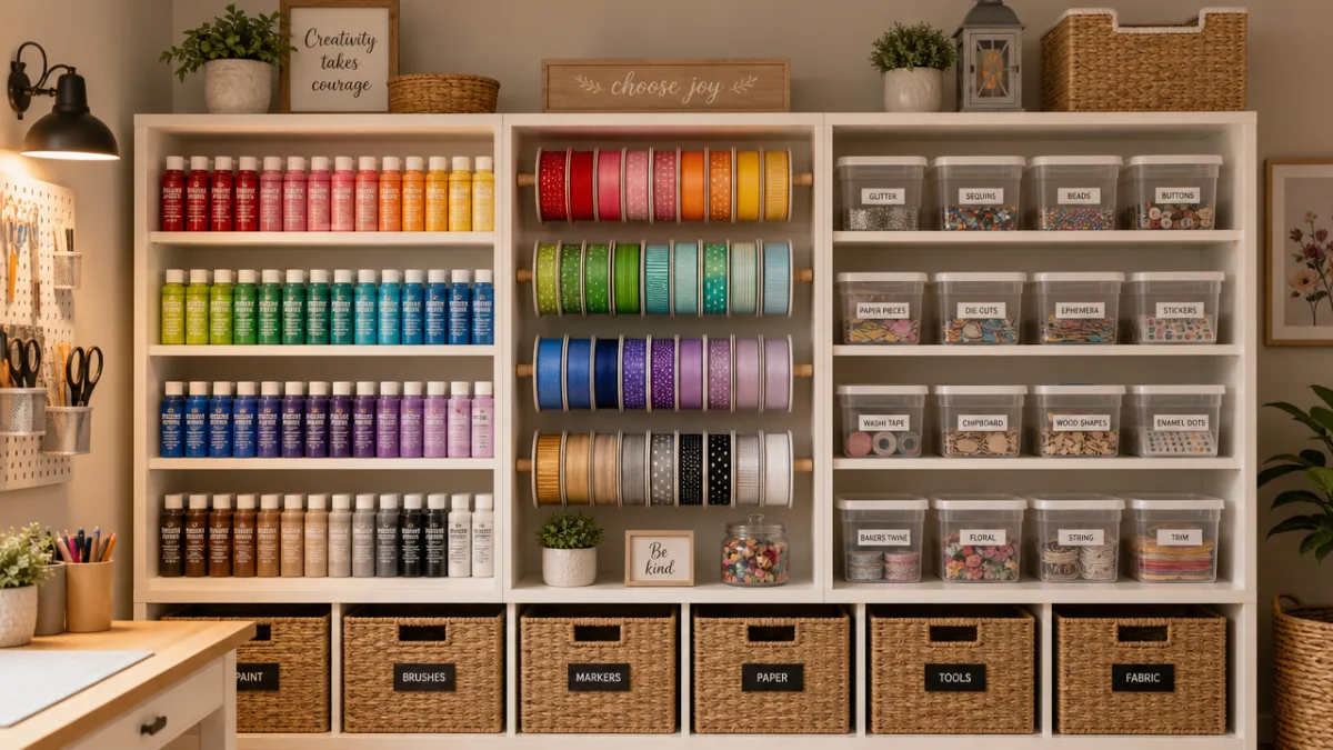 a neatly organized craft room shelf with color-sorted paint bottles, ribbon spools,…