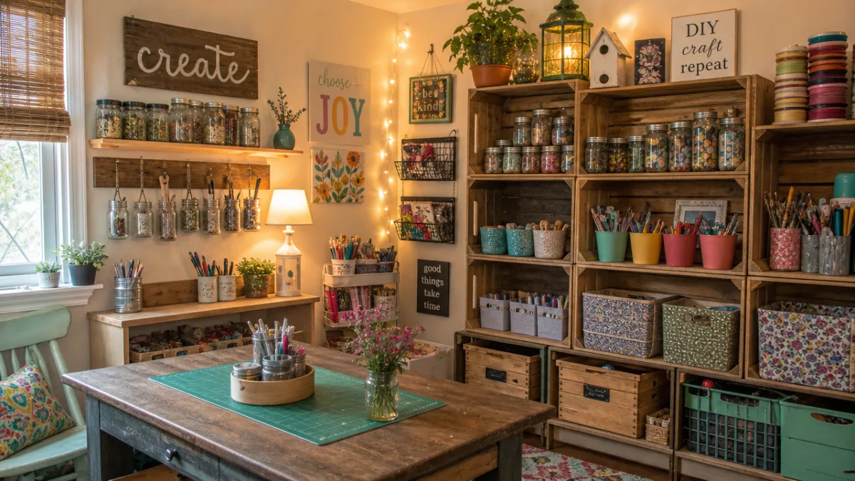 a cozy budget craft room with repurposed glass jars, wooden crates as…