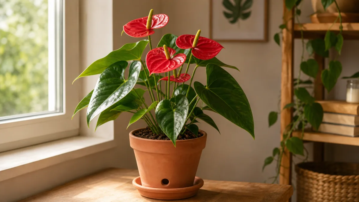a healthy anthurium plant in a terracotta pot with visible drainage, soft…