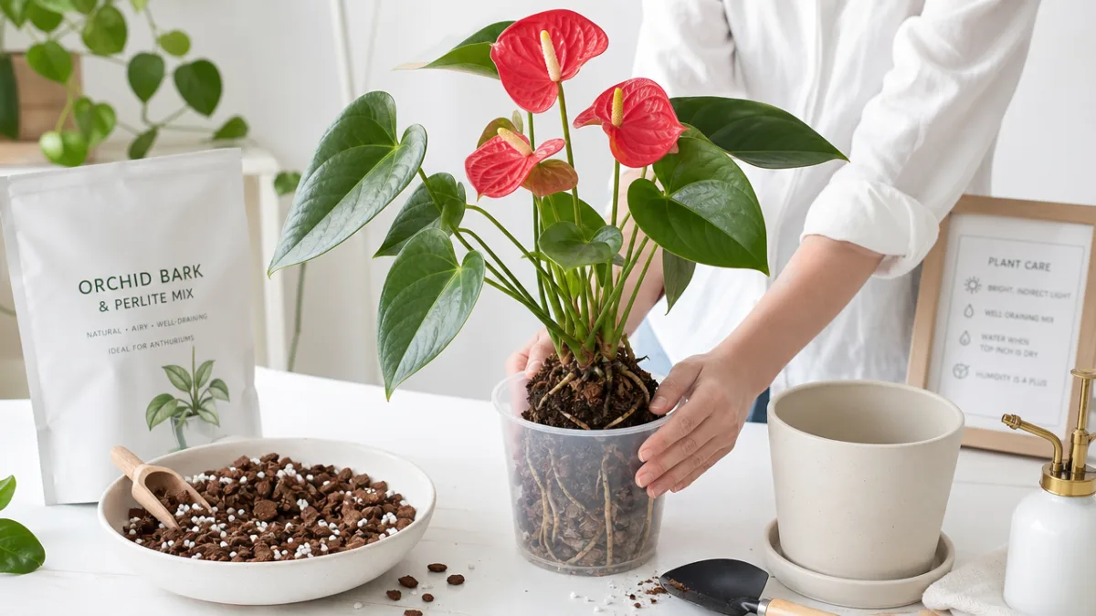 an anthurium repotting scene with orchid bark and perlite mix, bright airy…
