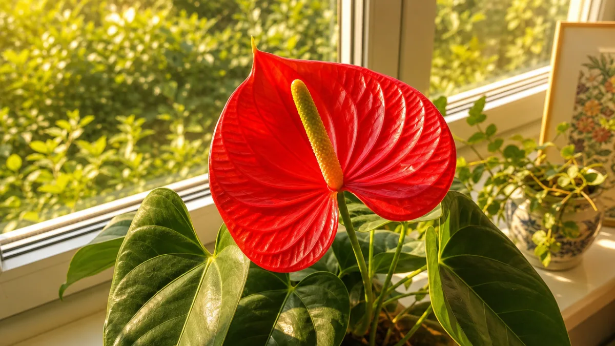 a vibrant red anthurium in full bloom on a bright windowsill, golden…
