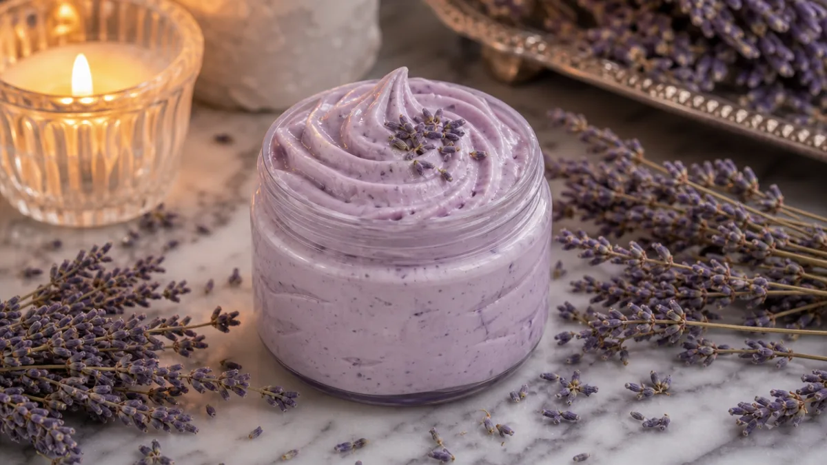 a glass jar of whipped lavender crème surrounded by dried lavender sprigs…