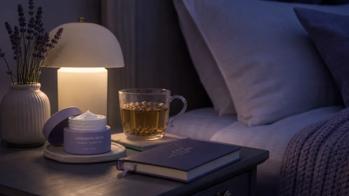 a serene bedroom nightstand with a lavender crème jar, herbal tea and…