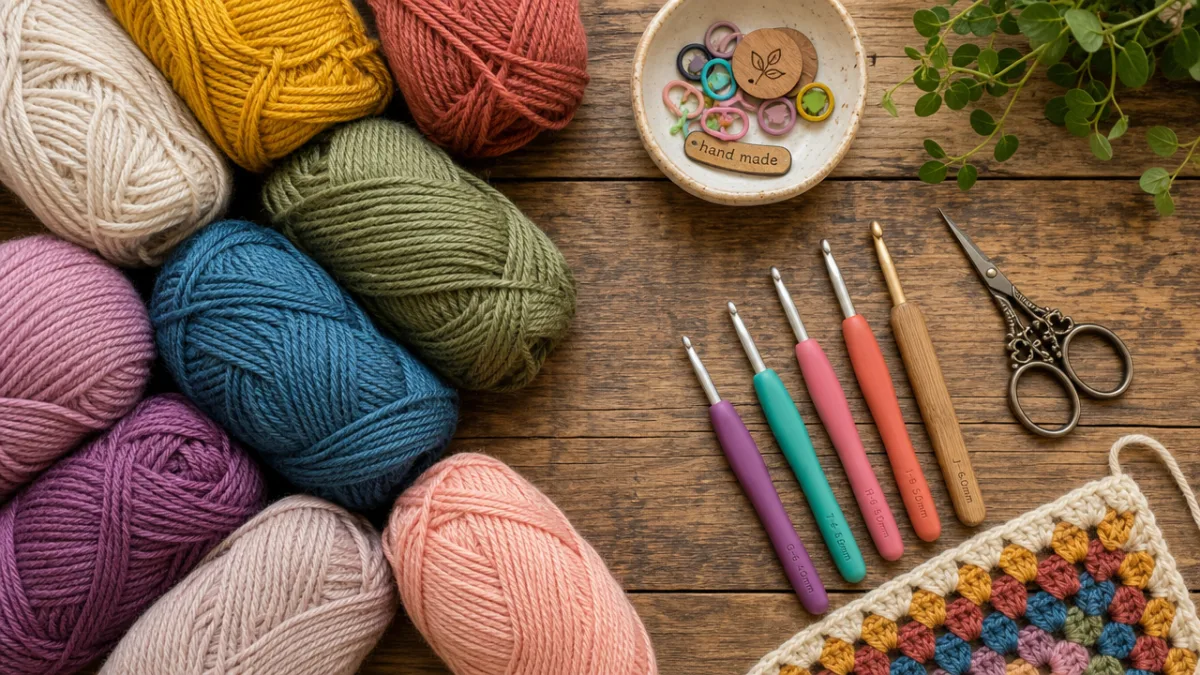 a flat lay of colorful crochet yarn skeins, hooks, and scissors on…