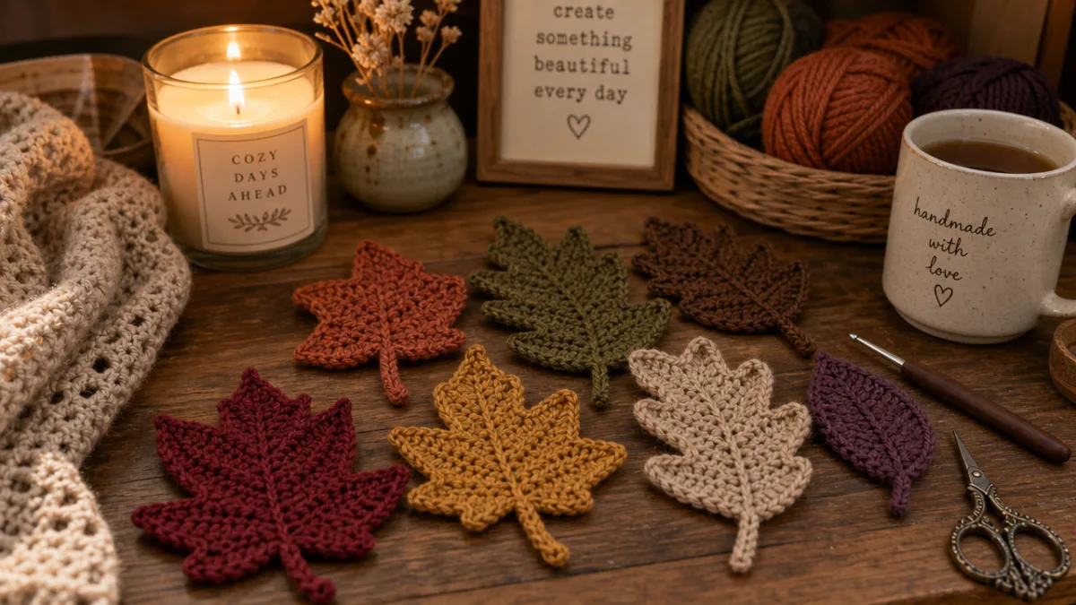 a cozy crafting corner with finished crochet leaves arranged on a wooden…