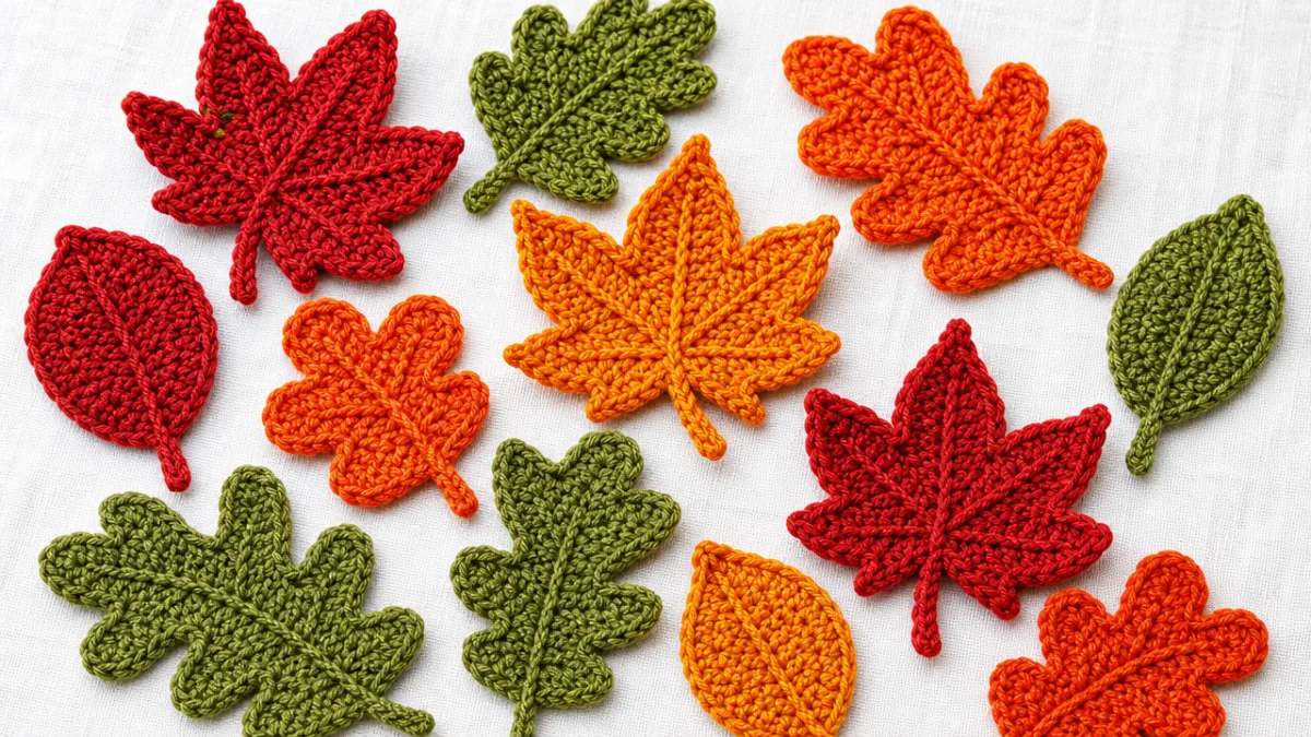 a vibrant arrangement of finished crochet autumn leaves in red, orange, and…