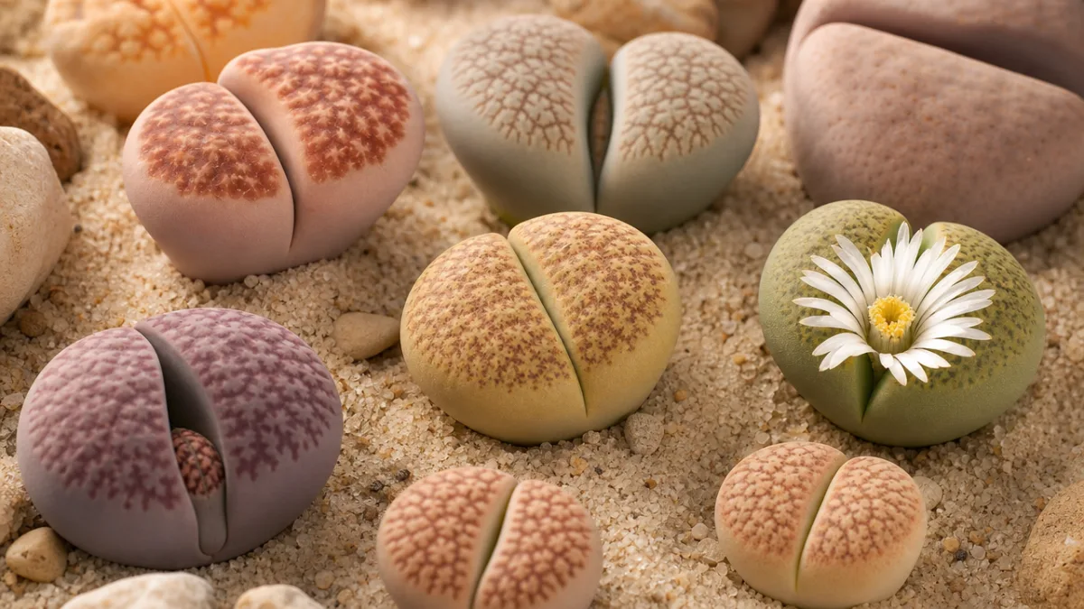 a close-up arrangement of living stone succulents and lithops on pale sand,…