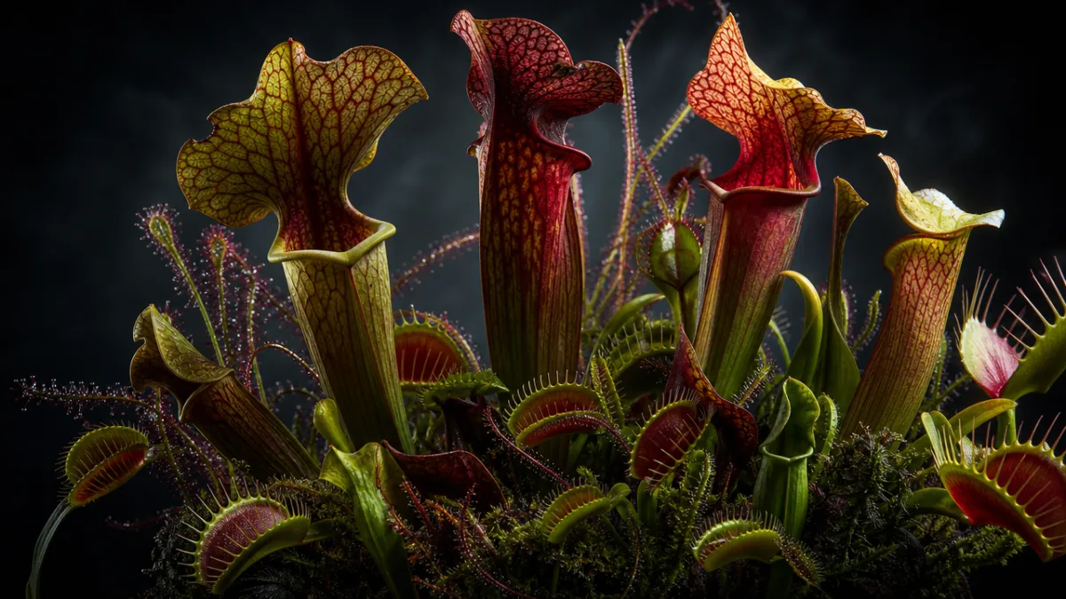 a dramatic arrangement of carnivorous plants including pitcher plants and flytraps, moody…