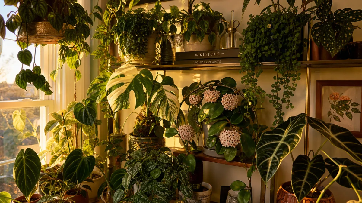 a lush indoor plant shelfie with rare tropical houseplants including monstera and…