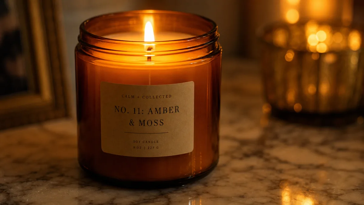 a close-up of a lit amber glass candle on a marble surface,…
