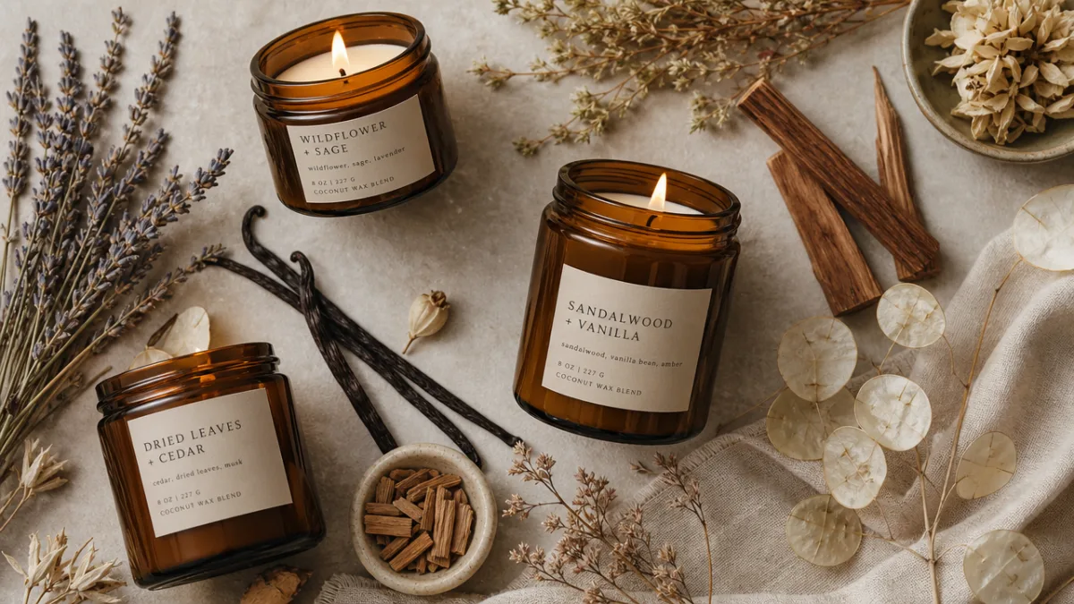 a styled flat lay of amber glass candles surrounded by dried botanicals,…