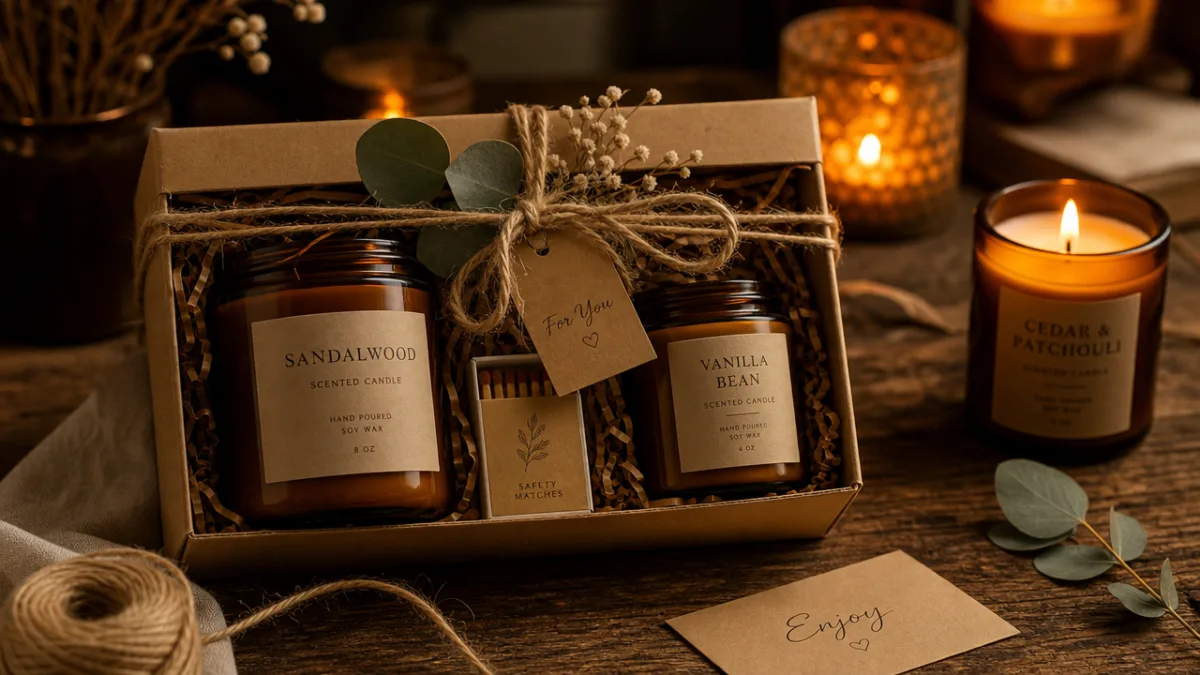 a beautifully wrapped amber candle gift set on a wooden table with…