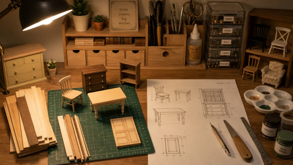 a neatly arranged craft table with miniature furniture supplies, warm overhead lighting…