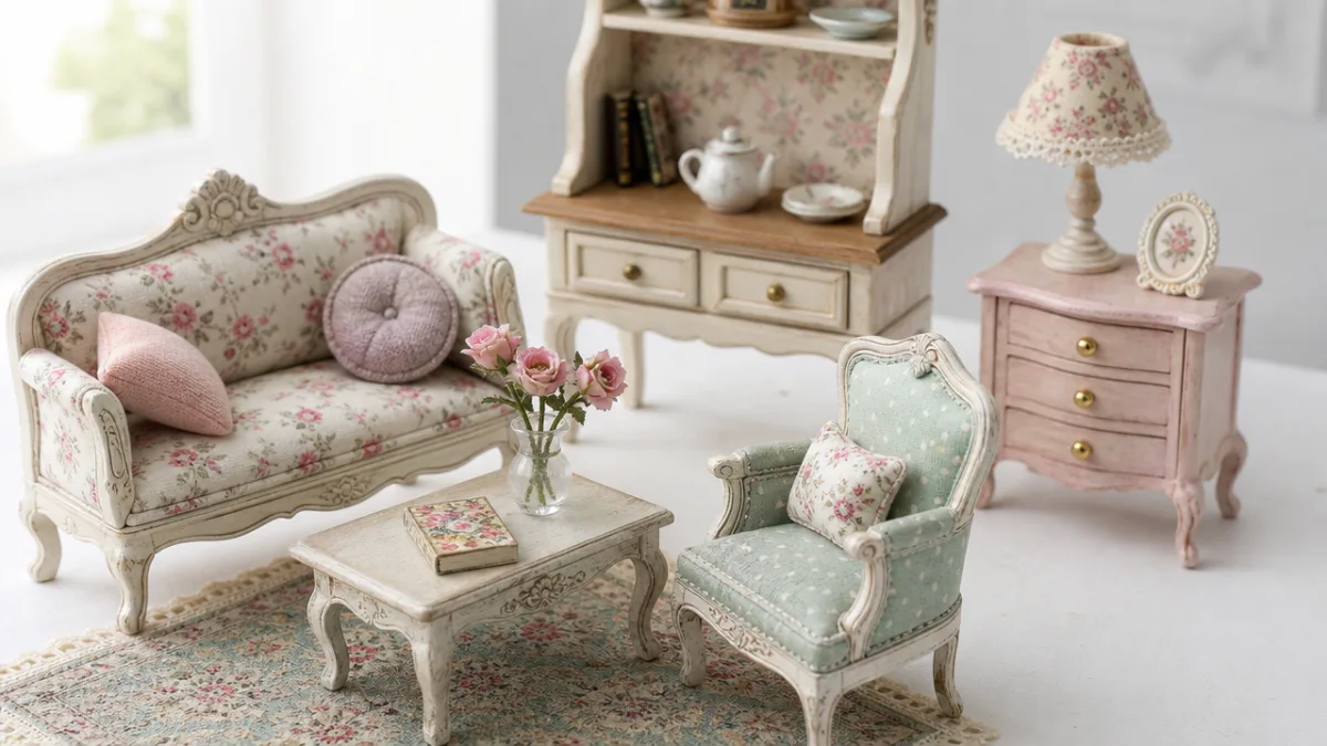 close-up of delicate handcrafted dollhouse furniture pieces on a white surface, soft…