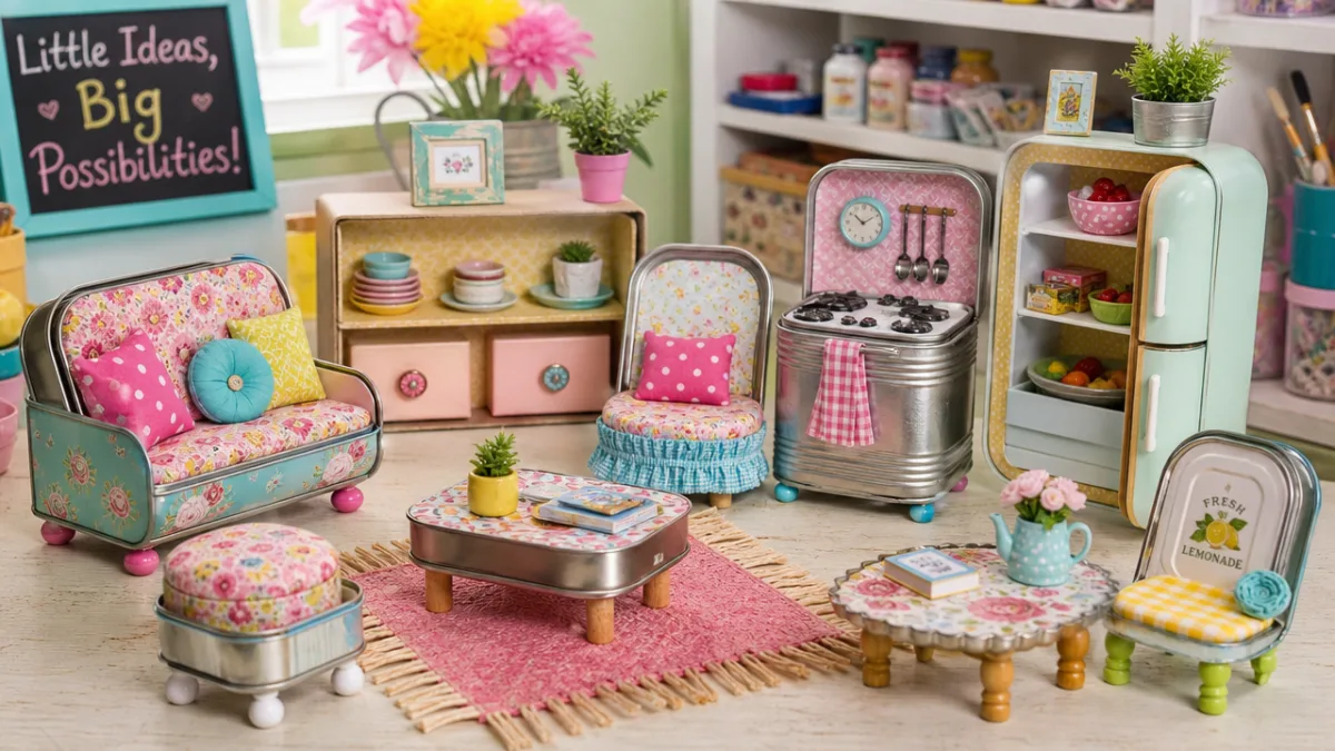 colorful collection of repurposed household items transformed into miniature dollhouse furniture, bright…