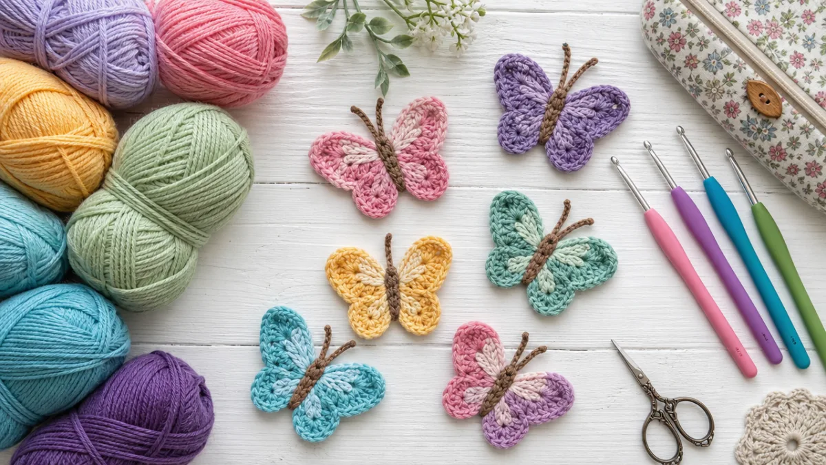 a flat lay of colorful yarn skeins, crochet hooks, and butterfly motifs…