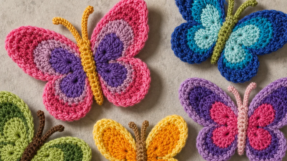 close-up of colorful crocheted butterfly motifs on a light gray textured background,…