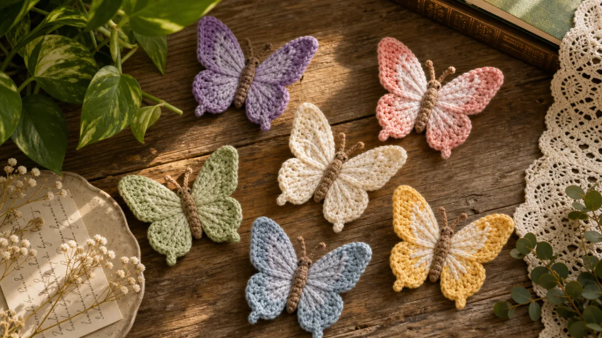 a cozy flat lay showing finished crochet butterflies arranged on a vintage…