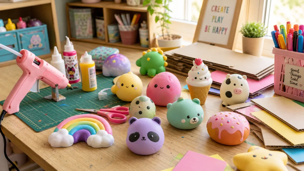 a bright craft table covered with colorful squishy toys, cardboard sheets, glue…
