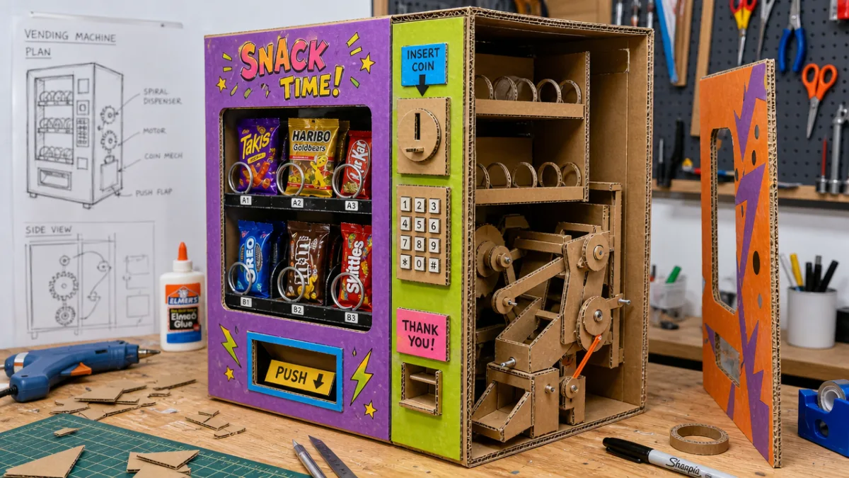 a colorful handmade cardboard vending machine mid-construction showing internal dispensing mechanism, bright…