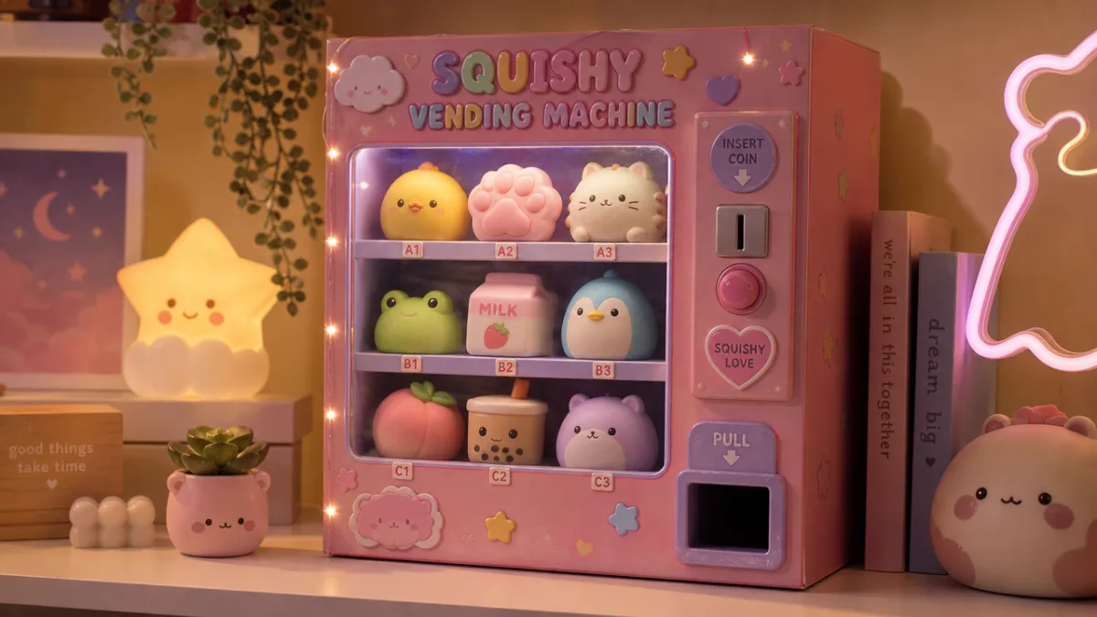 a finished decorated DIY squishy vending machine displayed on a shelf filled…
