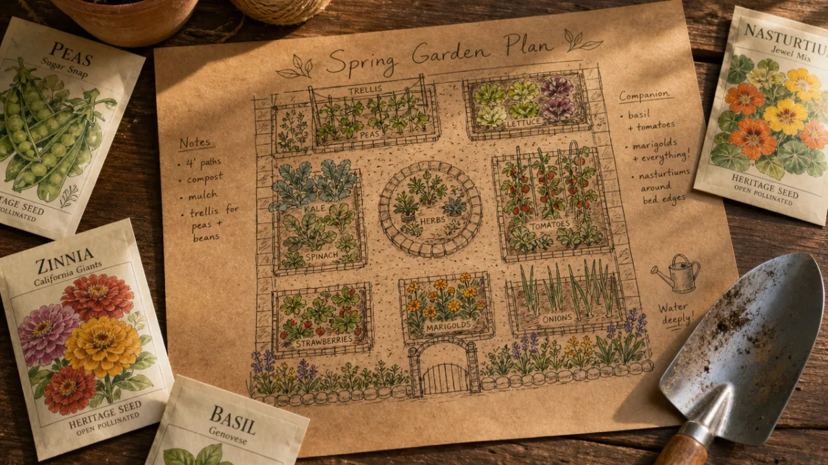 a hand-drawn garden layout sketch on kraft paper surrounded by seed packets…