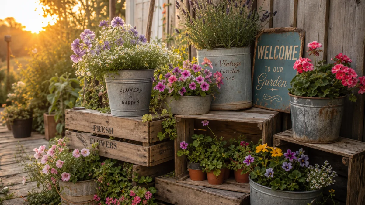 a charming garden corner with upcycled wooden crates and vintage metal buckets…