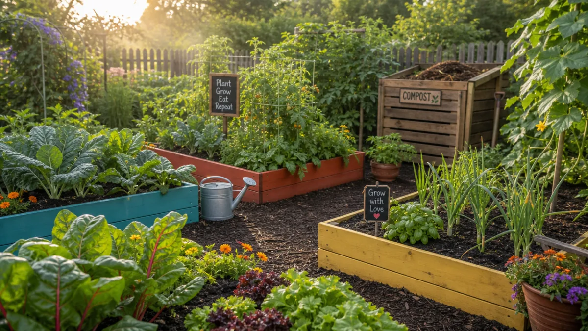 a lush home vegetable garden with rich dark soil, colorful raised beds,…