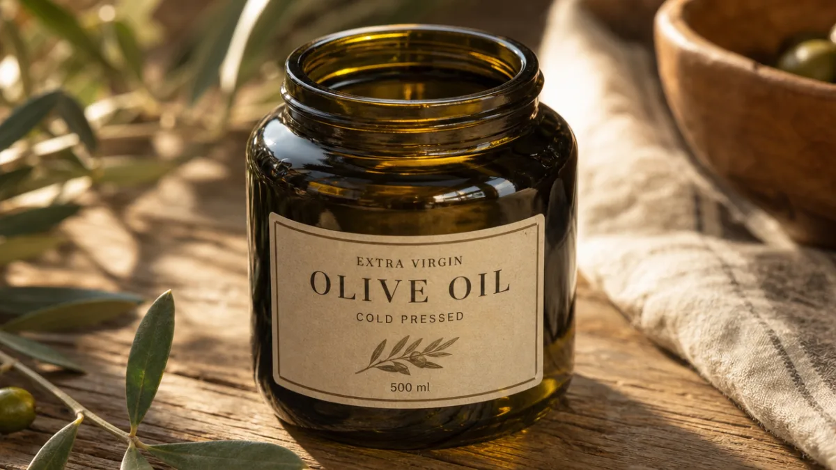 a close-up of a dark glass jar of golden olive oil on…