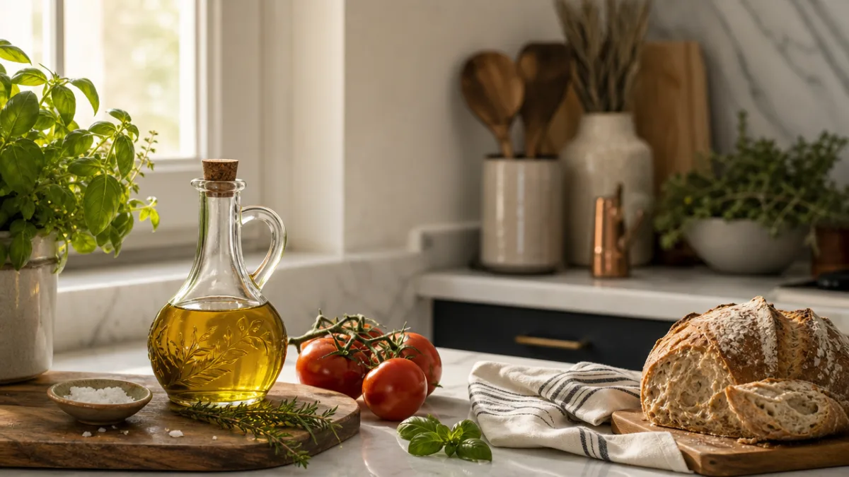 an elegant kitchen countertop with olive oil jar, fresh herbs, tomatoes, and…
