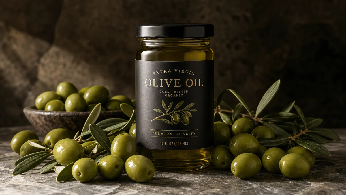 a 10 oz olive oil jar surrounded by green olives on a…