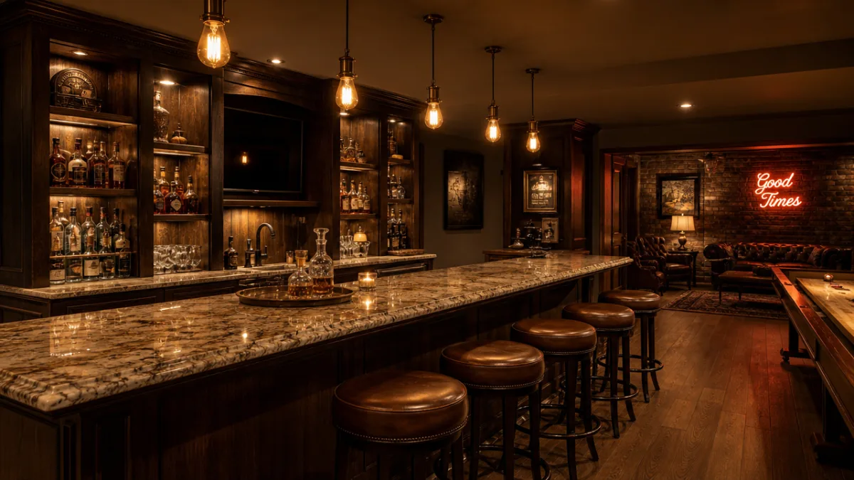 a warmly lit basement bar with dark wood cabinetry, Edison bulbs, and…