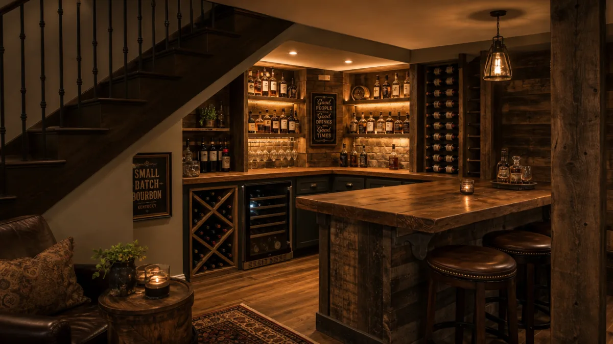 a cozy under-stair basement bar with warm amber lighting, reclaimed wood shelves,…