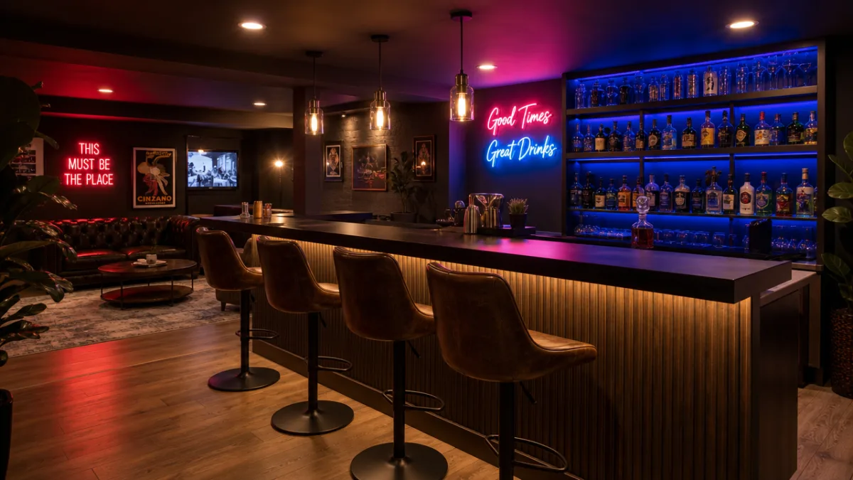 a stylish finished basement bar with neon signage, leather stools, and a…