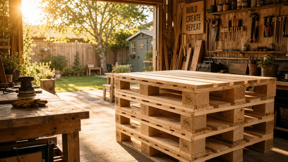 a sunlit backyard workshop with freshly sanded wooden pallets stacked neatly, warm…