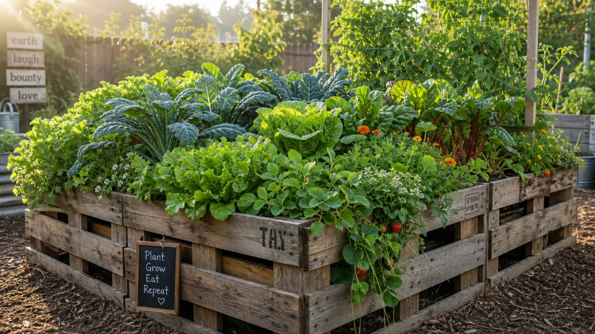 a lush productive raised garden bed built from reclaimed wooden pallets, overflowing…