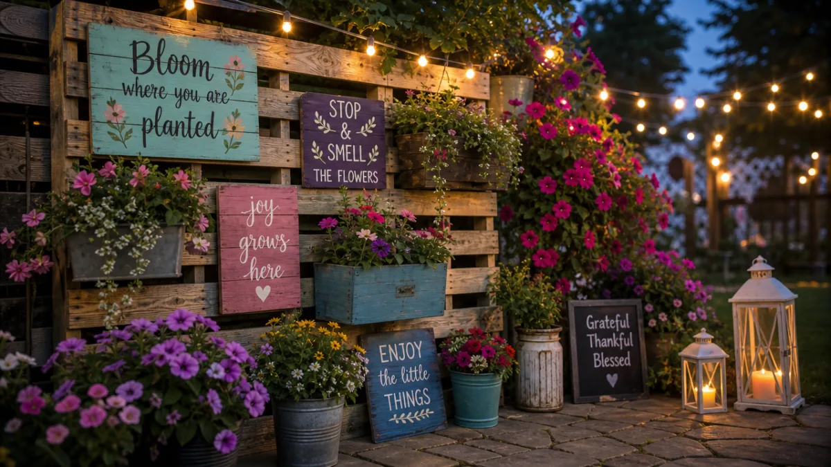 a charming pallet garden display with painted signs, cascading flowering plants, and…