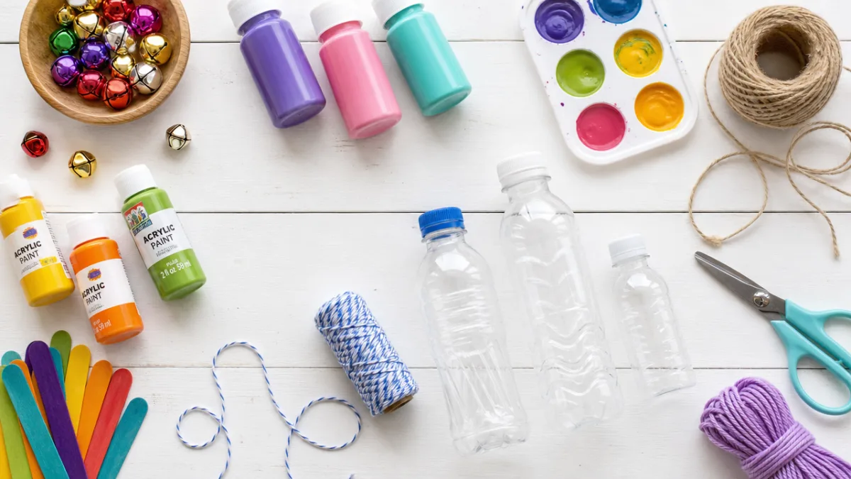 flat lay of colorful crafting supplies including paint bottles, plastic bottles, string,…
