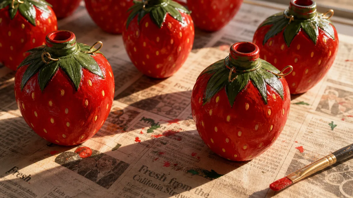 close-up of handpainted red strawberry bottle ornaments drying on newspaper, warm afternoon…