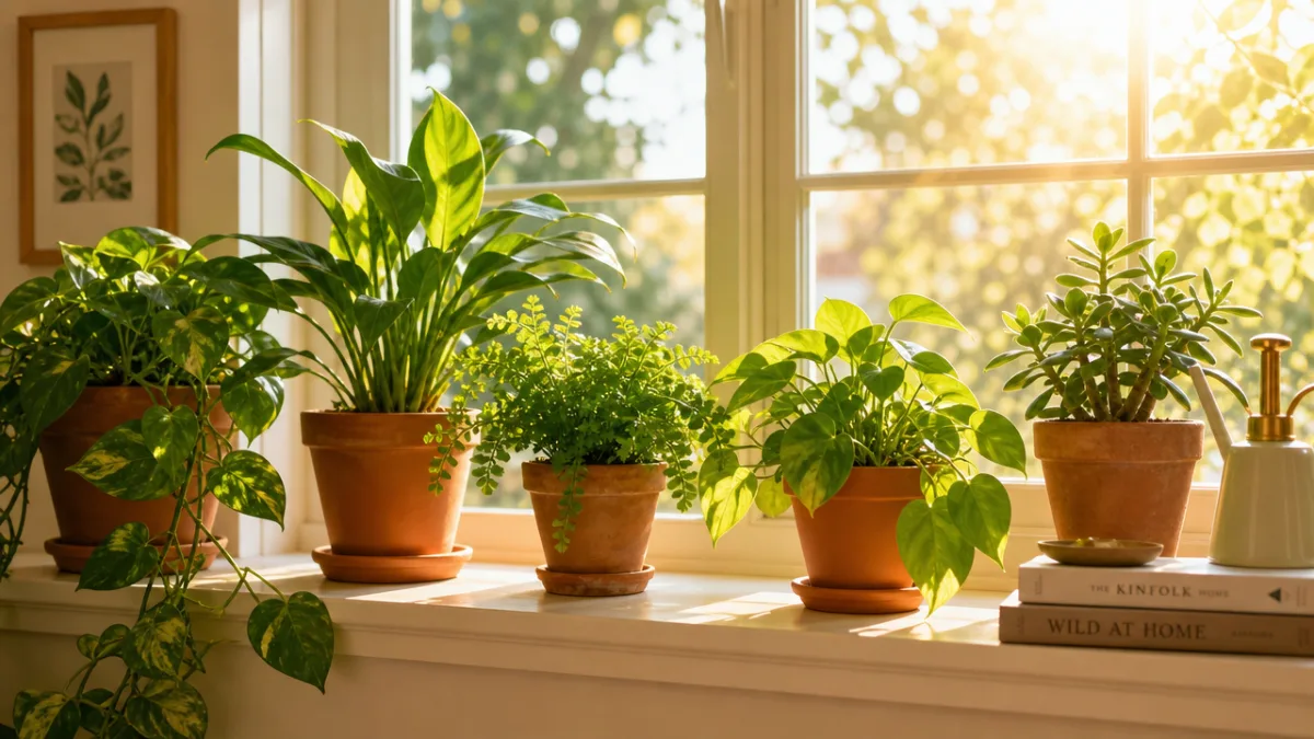 a bright sunlit windowsill with several lush green houseplants in terracotta pots,…